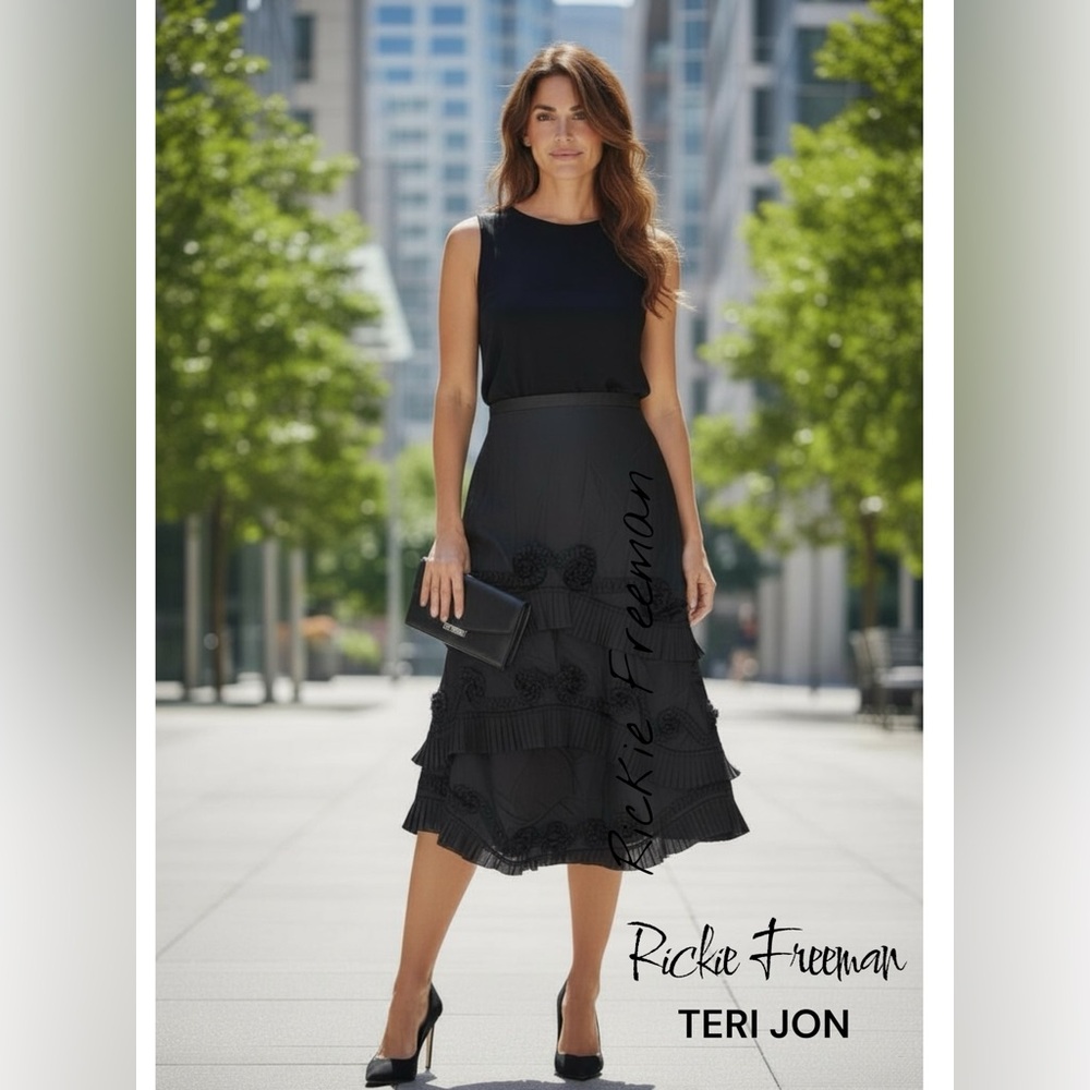 Teri Jon Black SILK Skirt by Rickie Freeman w/ Floral Appliqué 14